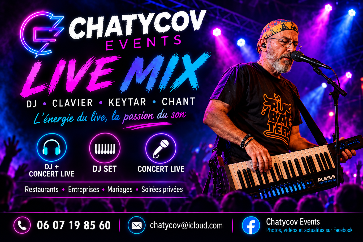 Visuel Chatycov Live Mix : clavier, keytar, chant et DJ dans un univers bleu et violet